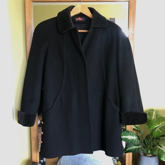VTG 80s Alorna Forstmann Black Wool Peacoat Medium Cheetah Print Trim Mob Wife - Picture 2 of 12